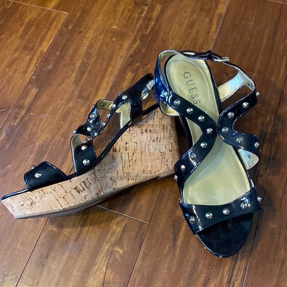Guess Shoes - GUESS Black Studded Cork Wedge Sandals Size 8M Platform